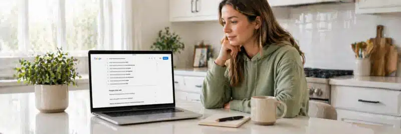 Woman at kitchen island using a laptop showing Google search suggestions for keyword research