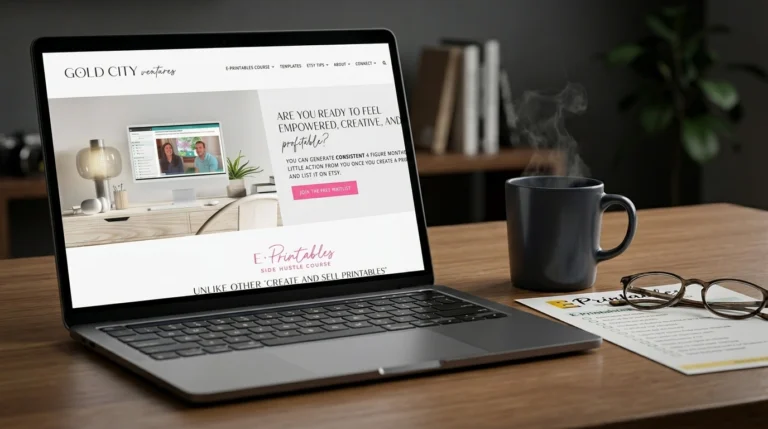 A laptop showing the Gold City Ventures course dashboard on a clean, professional desk.