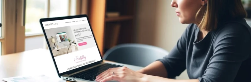 A person researching their Gold City Ventures review decision at a desk with a laptop and printed samples
