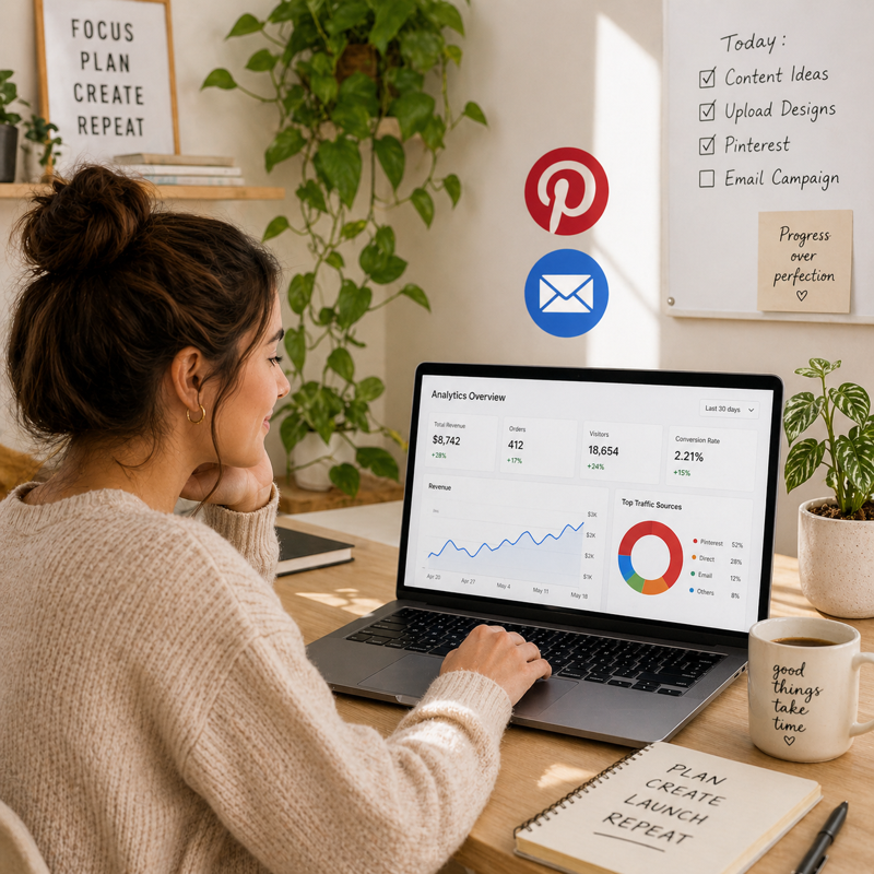 Woman viewing Pinterest and email marketing analytics on laptop screen, growing her online reach and blog traffic