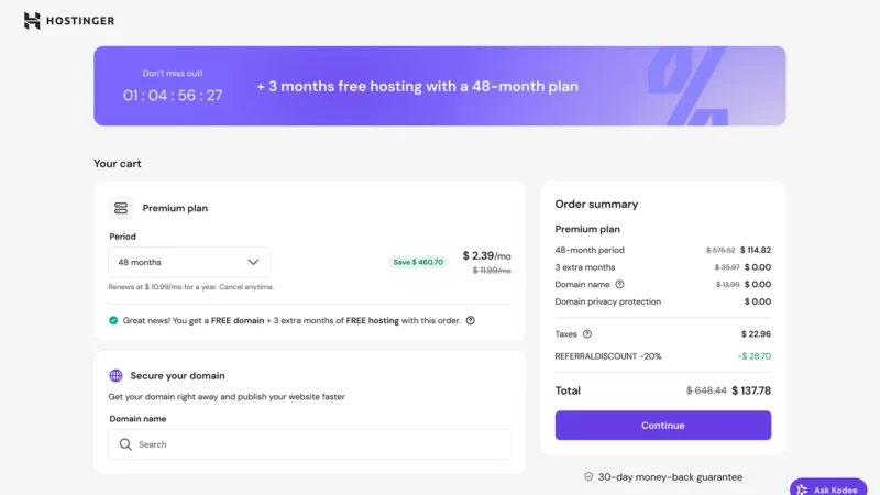 this is a screenshot from hostinger of the cost of 48 months hosting