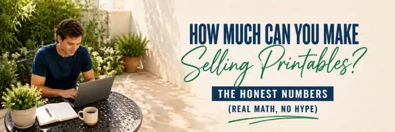 Man calculating how much you can make selling printables at an outdoor table
