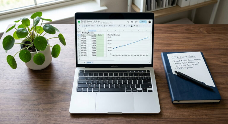 A laptop showing a revenue spreadsheet on a clean desk, illustrating how much you can make selling printables.
