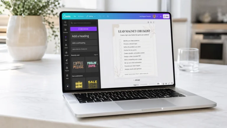 Laptop on a bright white kitchen island displaying the Canva editor with a lead magnet checklist template being designed as part of a guide on how to create a lead magnet