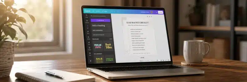 Laptop on a warm walnut home office desk displaying the Canva editor with a lead magnet checklist template as a hero image for how to create a lead magnet