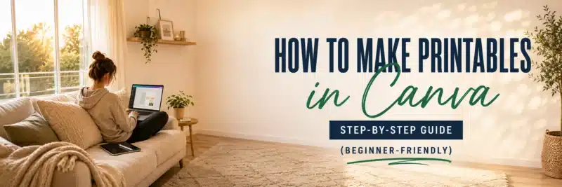 Woman designing on a laptop learning how to make printables in Canva