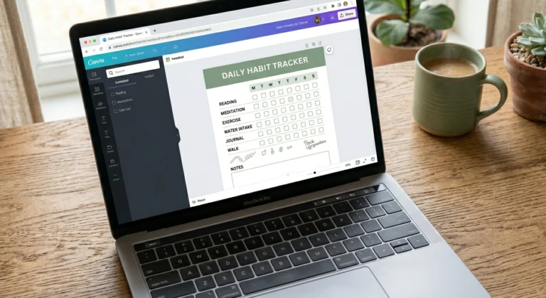 A laptop showing a habit tracker being designed in Canva next to a printed version on a wooden desk.