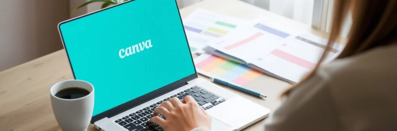 A beginner learning how to make printables to sell at a bright desk with Canva open on a laptop