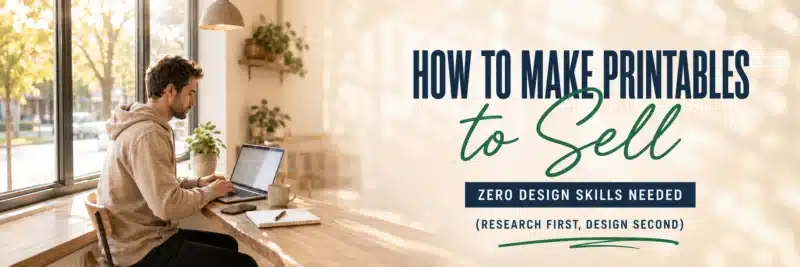 Man researching how to make printables to sell from a café laptop