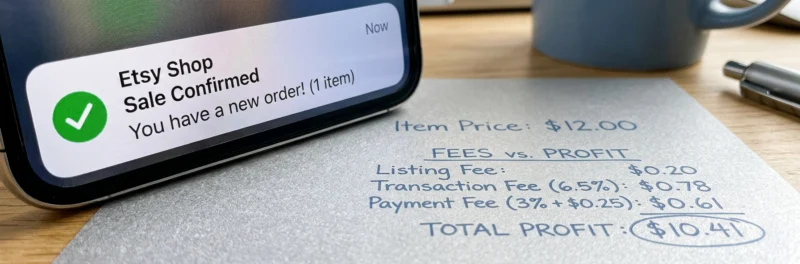 A smartphone notification of an Etsy sale next to a handwritten profit breakdown, showing how to price printables.