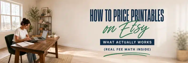 Woman calculating how to price printables on Etsy at a home desk