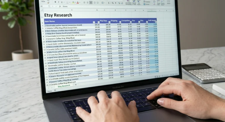 A laptop showing a pricing spreadsheet and a calculator, illustrating how to price printables on Etsy.