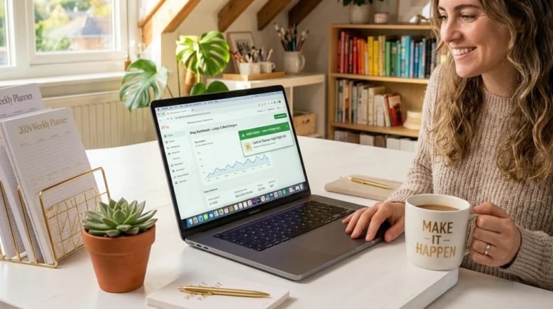 A creative workspace with a laptop showing Etsy sales, illustrating how to sell printables on Etsy.