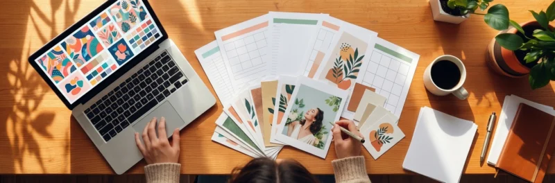 A beginner learning how to sell printables online at a bright, organized desk with a laptop and printed designs