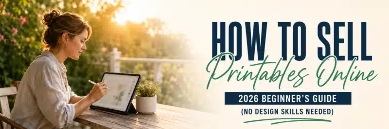Woman designing printables to sell online on a tablet outdoors