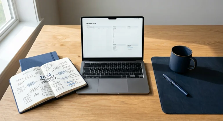 A high-angle flatlay of a professional desk with a laptop and planner, showing a strategic approach to selling printables online.