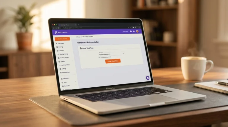 Laptop on a warm walnut home office desk displaying the Hostinger hPanel WordPress auto-installer page showing how to start a WordPress blog on Hostinger