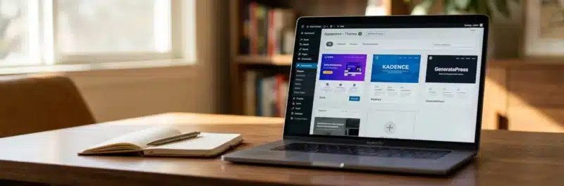 Laptop on a warm walnut home office desk displaying the WordPress theme browser with Astra theme shown after completing how to install WordPress on Hostinger