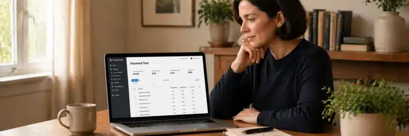 Woman at desk viewing keyword research tool dashboard with metrics and keyword lists
