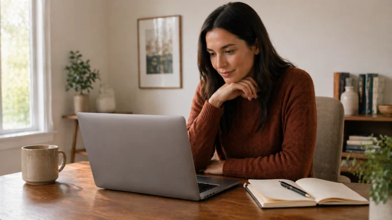 Woman at a desk using a laptop and notebook to research keywords for a blog
