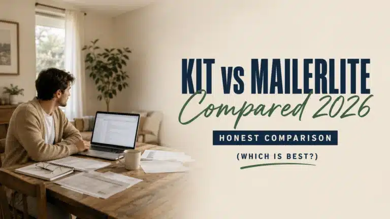 Man comparing Kit vs MailerLite email tools featured image