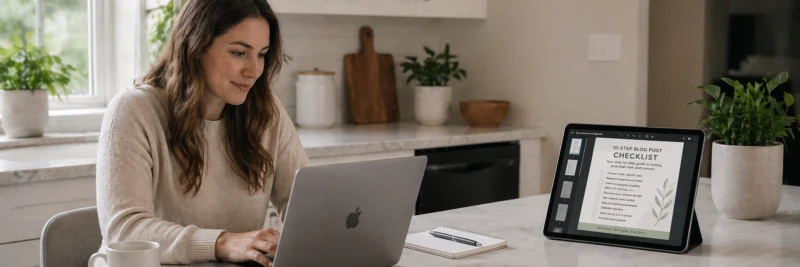 Woman at kitchen island using a laptop to create a checklist lead magnet for a blog