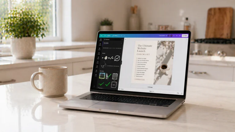 Laptop on a kitchen island displaying Canva editor with a checklist lead magnet design