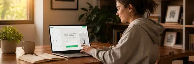 Woman in casual home working clothes at a warm walnut home office desk with laptop showing the MailerLite landing page builder with a lead magnet signup page being built as part of a guide to lead magnet platforms