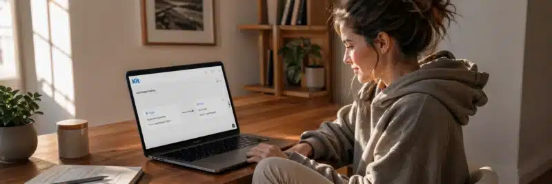 Woman in casual home working clothes at a warm walnut home office desk with laptop showing Kit ConvertKit automation builder with a lead magnet delivery sequence as part of lead magnet setup