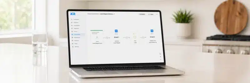 Laptop on a bright white kitchen island displaying the Kit ConvertKit automation builder showing a lead magnet delivery sequence with trigger and email steps as an example of lead magnet software in action