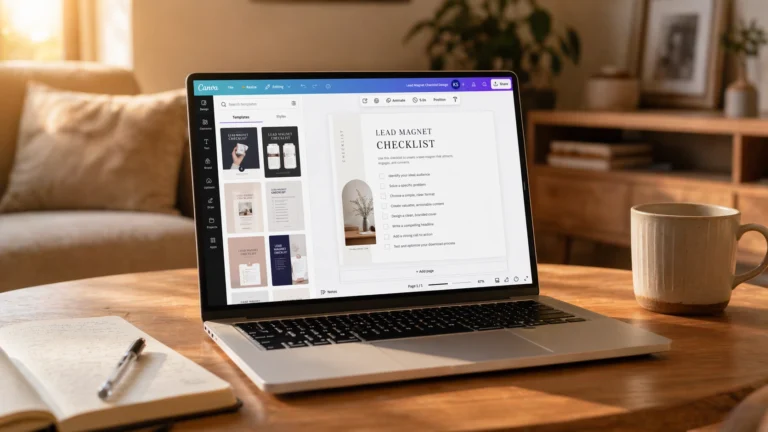 Laptop on a warm living room coffee table displaying the Canva editor with a lead magnet checklist template open showing drag-and-drop design tools as part of a guide to lead magnet tools