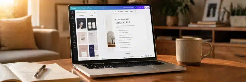 Laptop on a warm living room coffee table displaying the Canva editor with a lead magnet checklist template open as an overview of the best lead magnet tools for bloggers