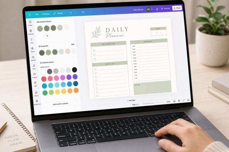 Laptop screen showing a Canva printable design workspace with a planner template being edited step by step