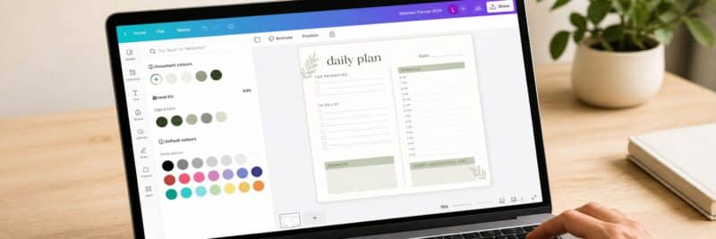 Laptop screen showing how to make printables in Canva, featuring a design workspace with a planner template being edited step-by-step.