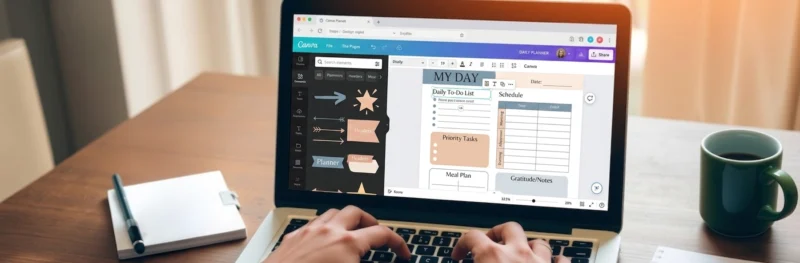 A beginner learning how to make printables in Canva with the design interface open on a laptop