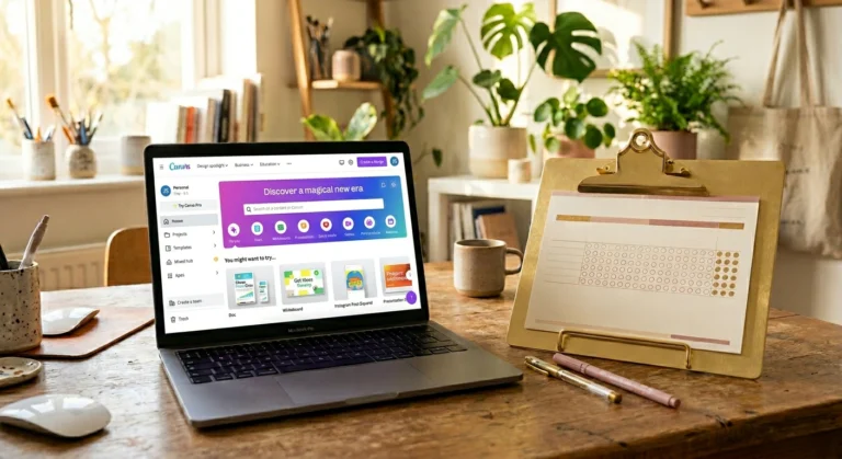 A beginner learning how to make printables to sell at a bright desk with Canva open on a laptop