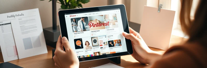 A printable seller learning how to market printables on Pinterest with a tablet and product samples on a desk