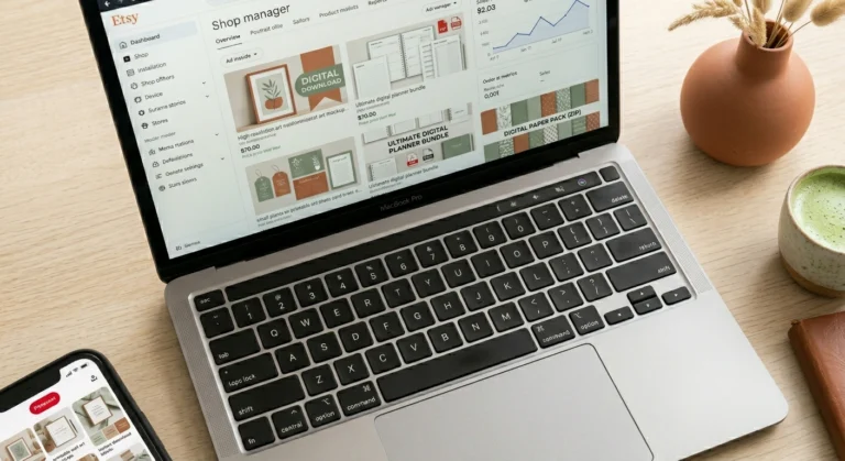 A smartphone showing Pinterest pins next to a laptop with Etsy shop manager, illustrating how to market printables on Pinterest.