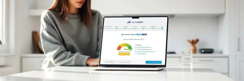 Woman in casual clothes at a bright white kitchen island with laptop showing the Rank Math SEO plugin panel with a high green score and completed checklist as one of the must have WordPress plugins for bloggers