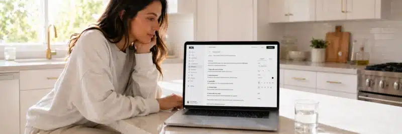 Woman in casual clothes at a bright white kitchen island with laptop showing a step-by-step tutorial newsletter being written in Kit ConvertKit as an example of newsletter content ideas for bloggers
