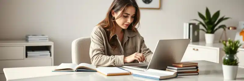Woman organizing Pinterest boards and blog categories for traffic