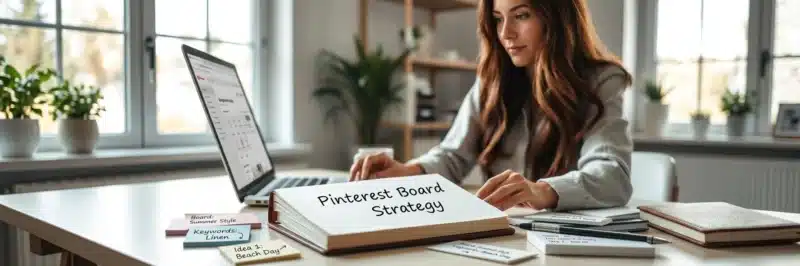 Woman planning a Pinterest board strategy in a modern home office