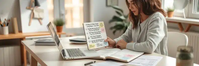 Woman brainstorming Pinterest content ideas in a modern workspace