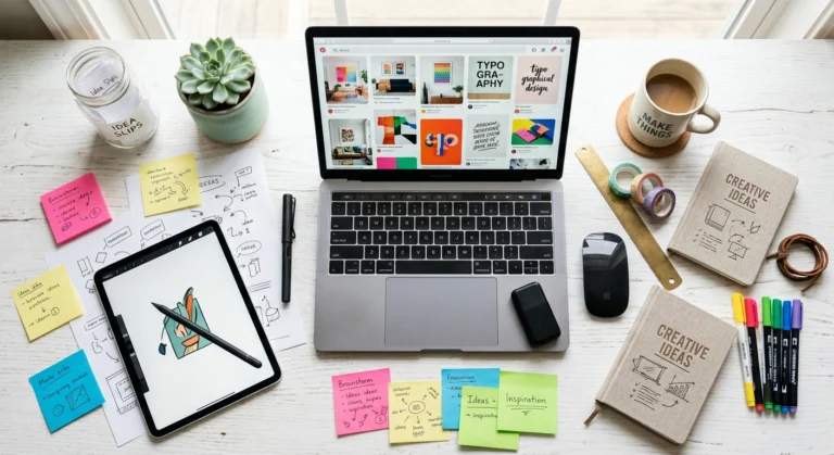 A creative workspace showing a Pinterest feed and brainstorming tools, representing Pinterest content ideas.