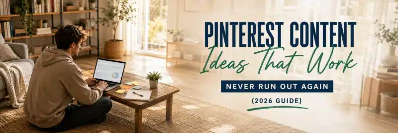 man brainstorming Pinterest content ideas on a laptop at a low coffee table