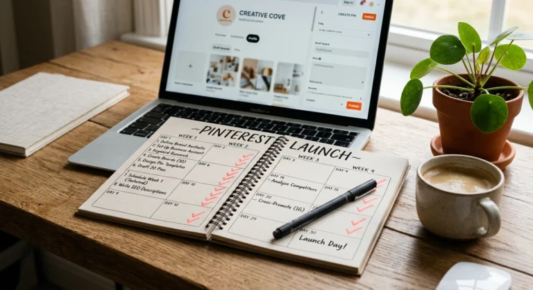 A 30-day Pinterest launch plan in a physical planner, illustrating how to start Pinterest for beginners.
