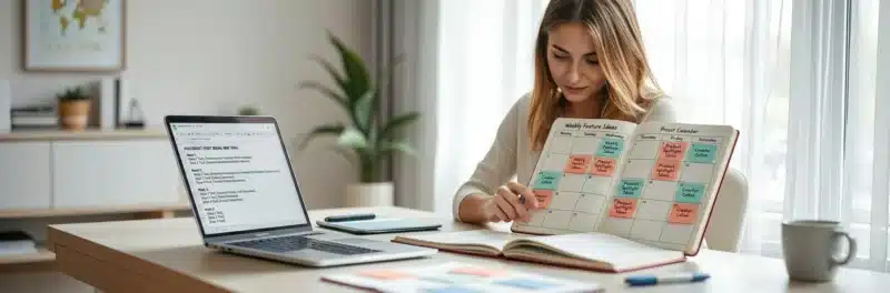Woman planning monthly Pinterest post ideas in a content calendar