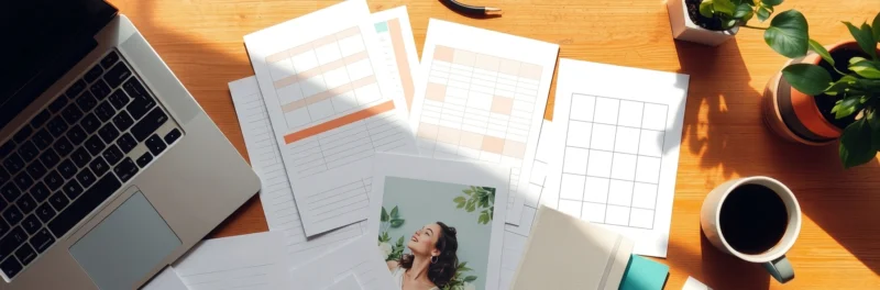 A variety of printables to sell on Etsy including planners, trackers, and wall art arranged on a desk