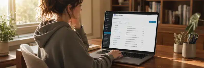 Woman in casual home working clothes at a warm walnut home office desk with laptop showing the Rank Math redirections manager with 301 redirects listed, illustrating a key advantage in the Rank Math or Yoast for bloggers comparison