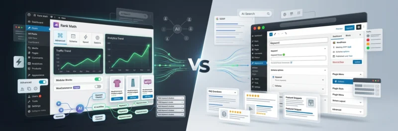Rank Math vs Yoast SEO comparison banner for WordPress bloggers in 2026